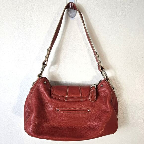 B Makowsky Shoulder Bag Rust Orange Pebbled Leather Silver Leopard Lining READ - Picture 2 of 16